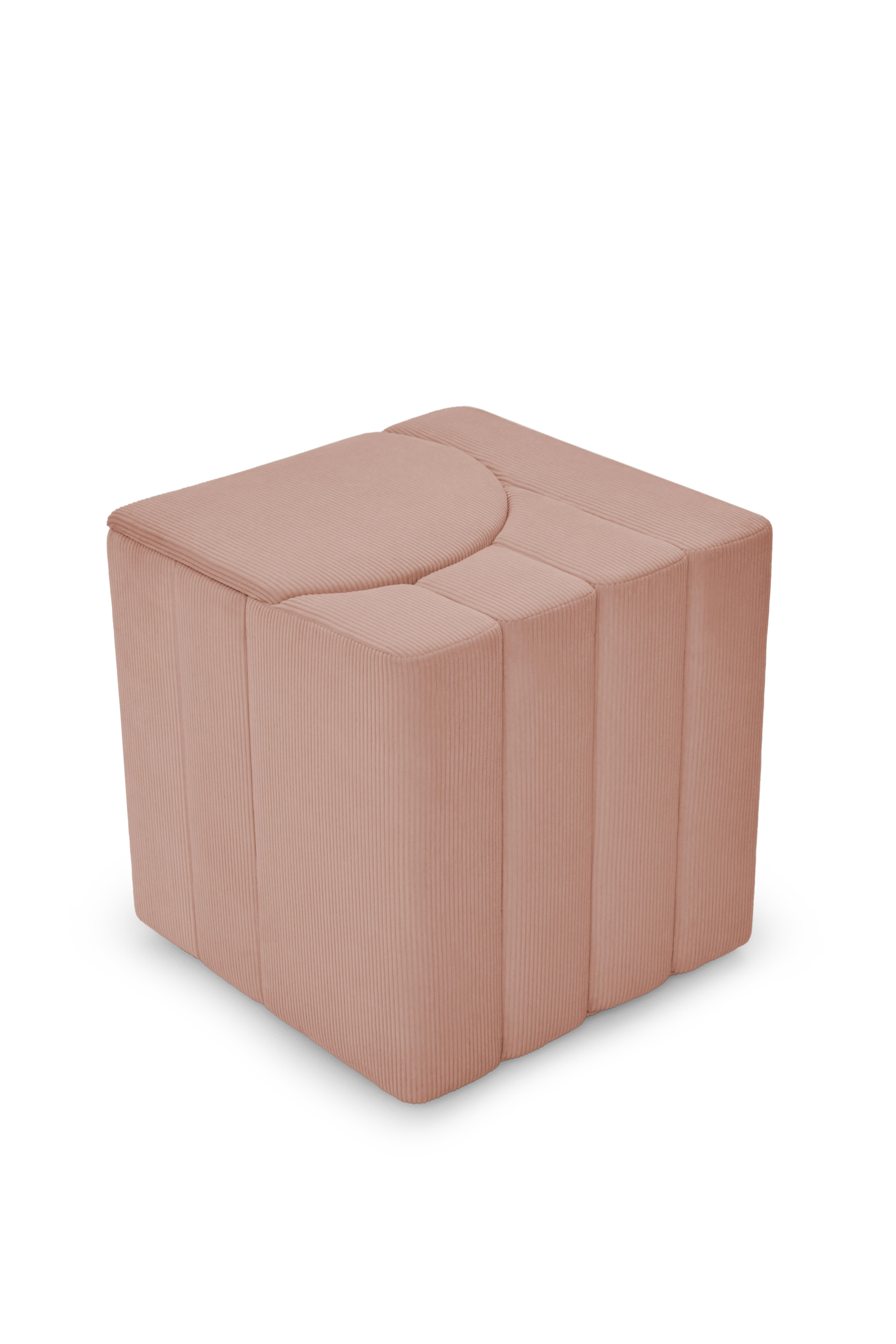 Prologue Stool by Marta Delgado Studio

Geometric stool
Fabric: Corded Velveteen 
Color: Blush (Pink) 

Dimensions:
Width: 18.9” 48 cm 
Depth: 18.9” 48 cm 
Height: 20.1” 51 cm

Marta Delgado is a Portuguese artist, she founded her design