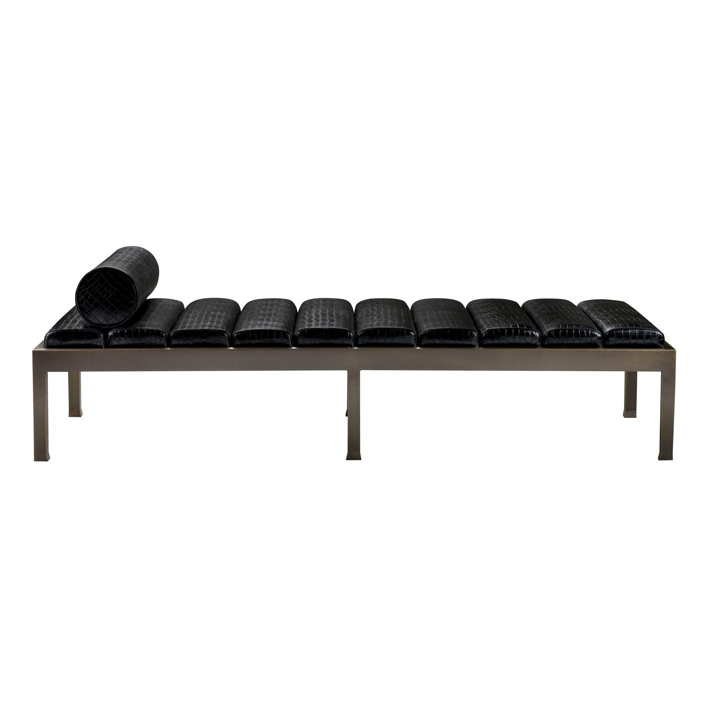 Promemoria Gong Daybed in Hammered Bronze and Black Leather by Romeo Sozzi For Sale