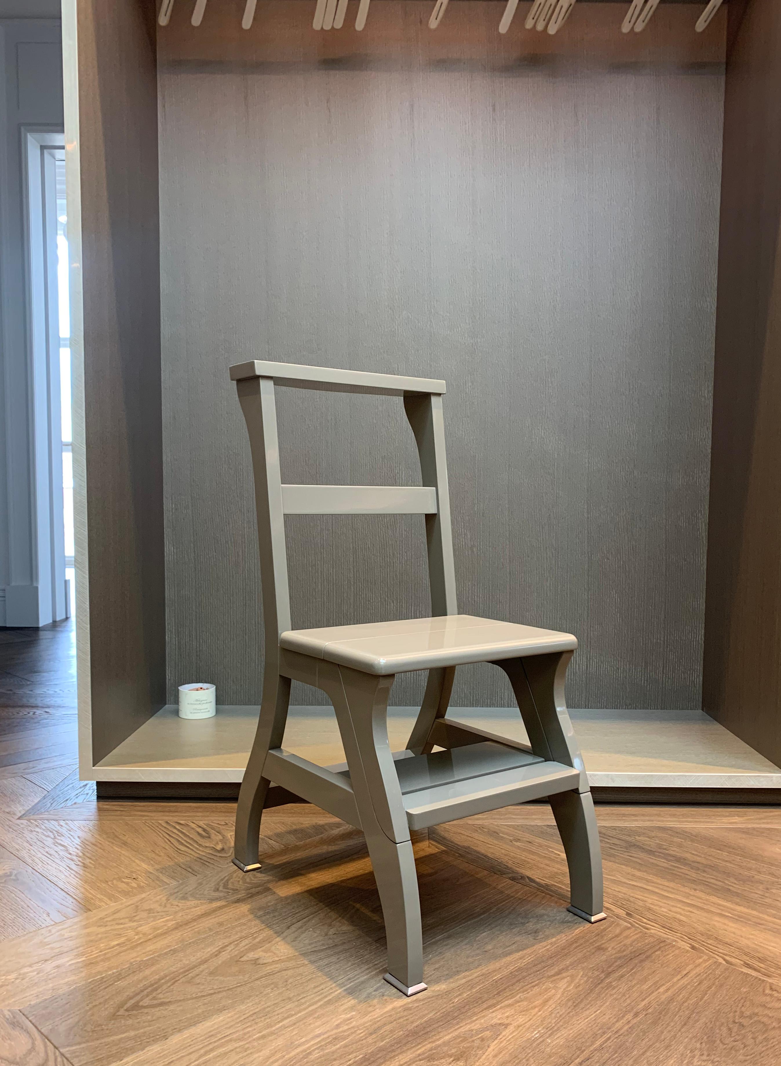 Grey lacquered Ladder chair by Promemoria - A marriage of function and form come together and births ‘Rebecca’ 

The Rebecca Chair is a convertible ladder-chair that condenses two essential functions: chair and ladder.

It's made by the