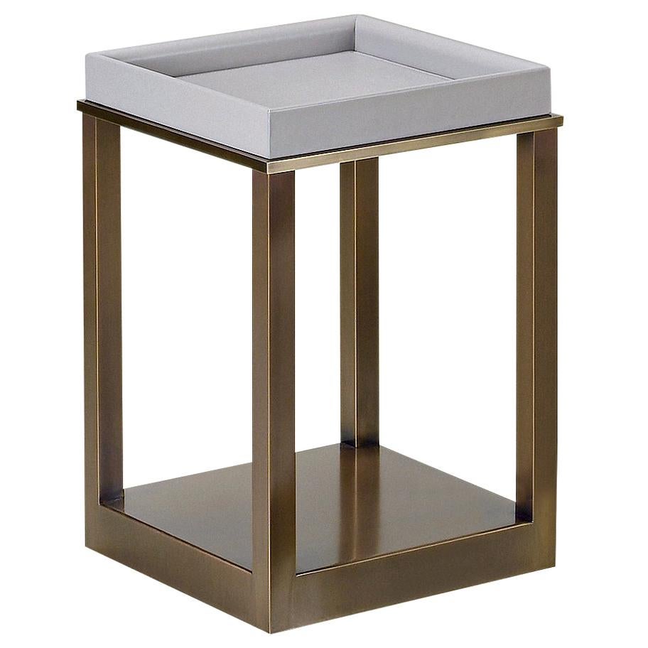 For Sale: Gray (smooth leather grigio chiaro.jpg) Promemoria Scarlett Small Table in Bronze and Leather by Romeo Sozzi