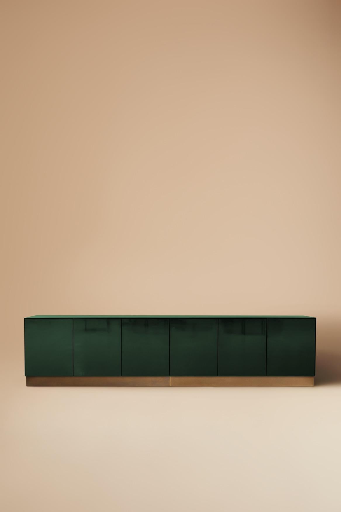 Minimalist Promenade Low Unit Handcrafted in Green High Gloss Steel with Oxidised Brass