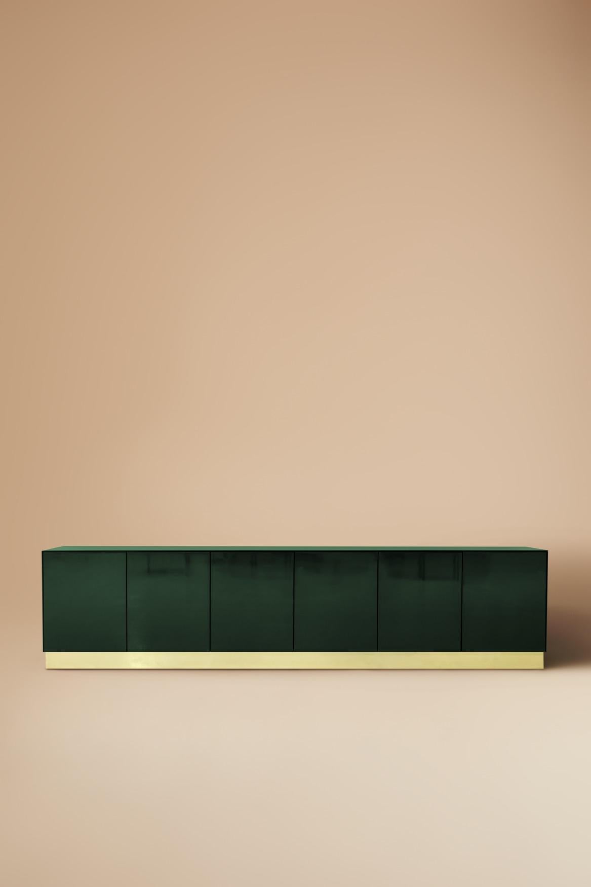 South African Promenade Low Unit Handcrafted in Green High Gloss Steel with Oxidised Brass