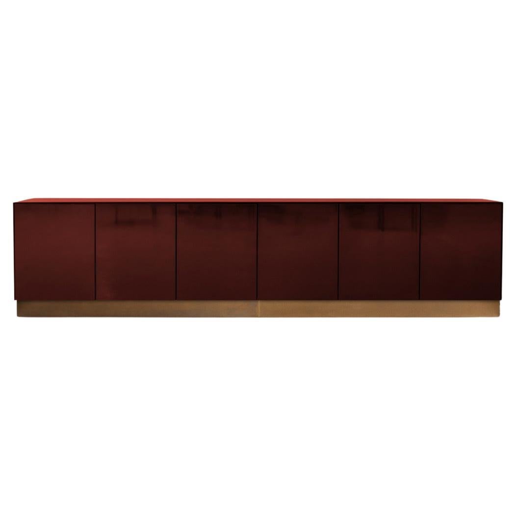Promenade Low Unit Handcrafted in Oxblood High Gloss Steel with Oxidised Brass