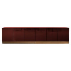 Promenade Low Unit Handcrafted in Oxblood High Gloss Steel with Oxidised Brass