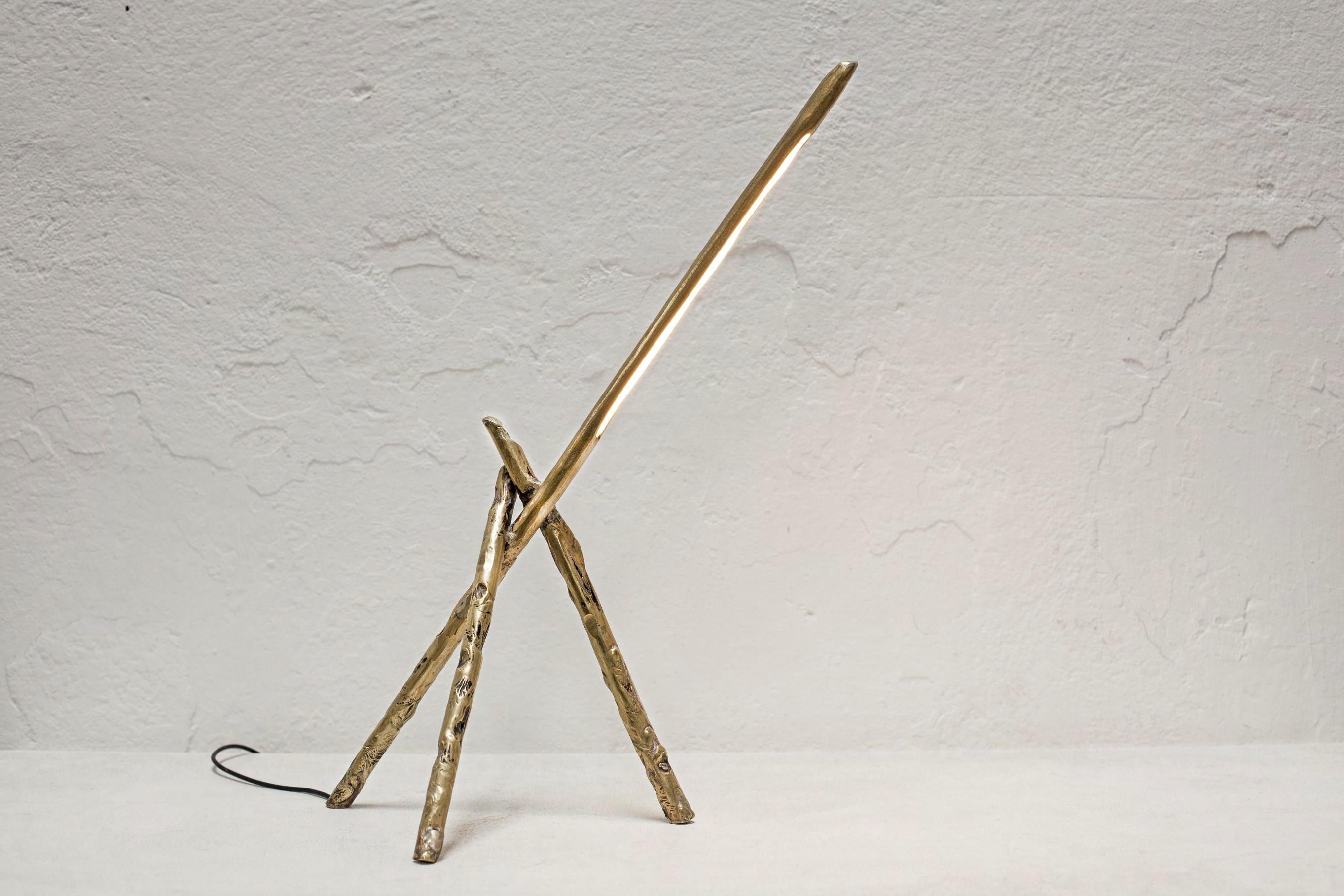 Prometeo brass table lamp by Morghen Studio
Dimensions: 25 x 25 x H 40 
Materials: Brass
Dimensions are customizable.

Morghen is a multidisciplinary studio that works on the boundaries between design, art and craftsmanship. They rely on techniques