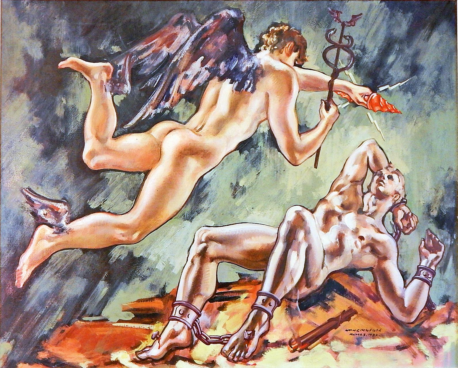 In the 1920s, 1930s and 1940s, William Littlefield painted a series of mythological subjects, often featuring idealized male nude figures, and this is the largest and best example we have seen. Here Mercury is flying through the air toward the