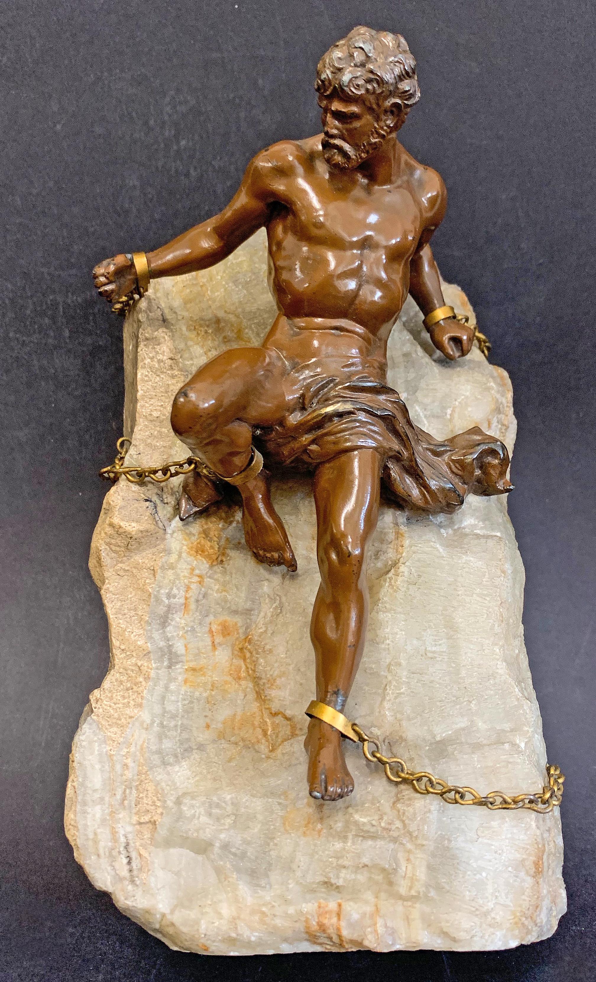 Exquisitely detailed and marvellously conceived, this sculpture of a nude Prometheus is unique to our knowledge. Other artists have tended to present this subject in one material, such as bronze or stone, but in this case the artist has presented