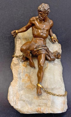 "Prometheus Bound, " Unique Sculpture of Nude Male Figure Chained to Stone