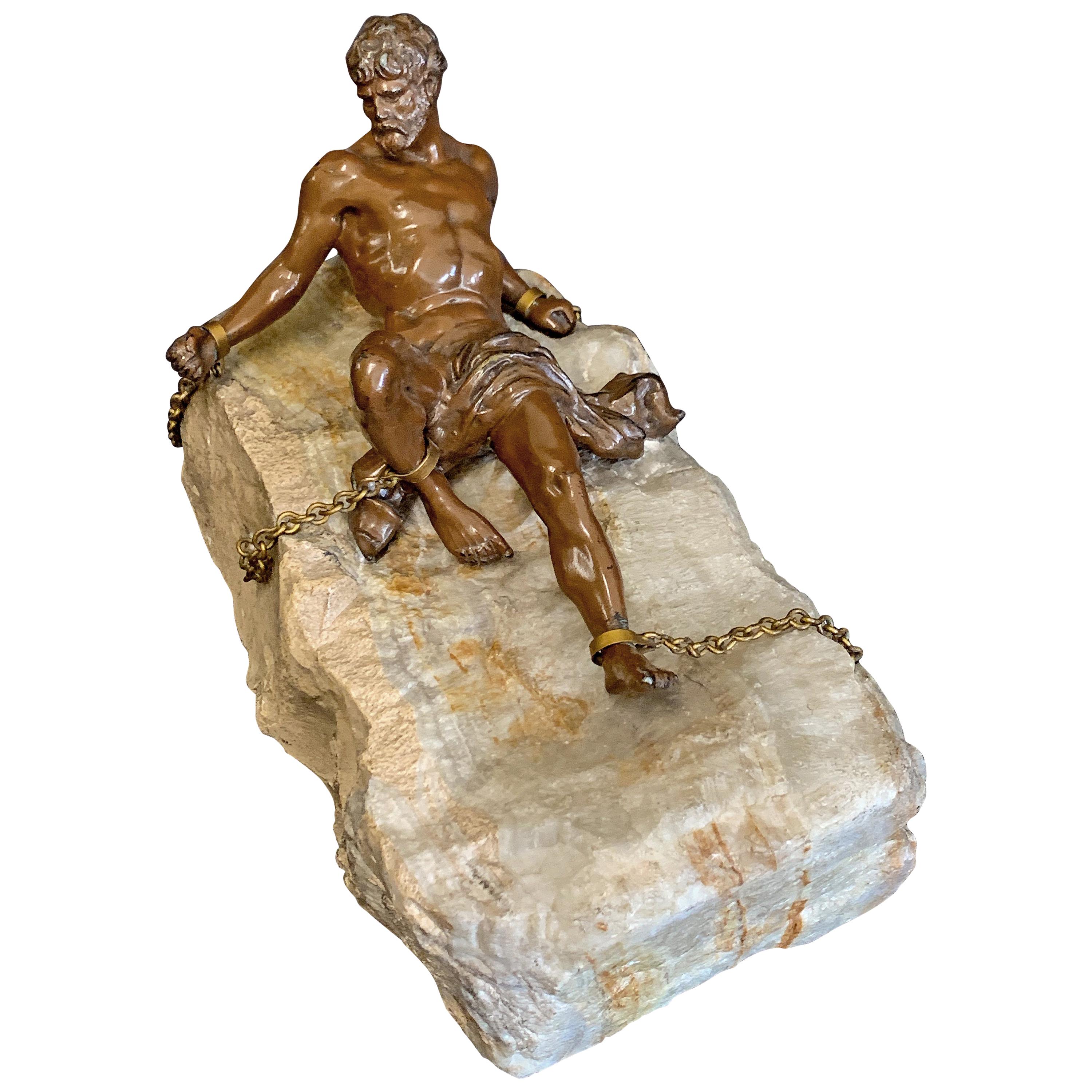 "Prometheus Bound, " Unique Sculpture of Nude Male Figure Chained to Stone