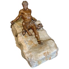 "Prometheus Bound, " Unique Sculpture of Nude Male Figure Chained to Stone