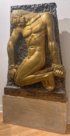 "Prométhée enchaîné", sculpture monumentale dorée de style Art déco, nu masculin, 1,80 m et plus