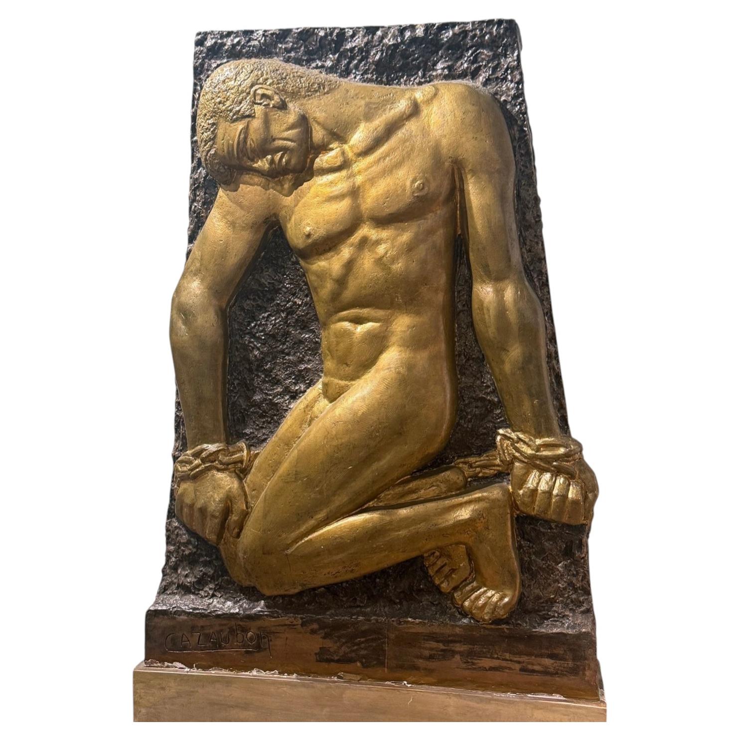 "Prometheus Chained", Monumental Gilded Art Deco Sculpture, Male Nude, 6+ feet