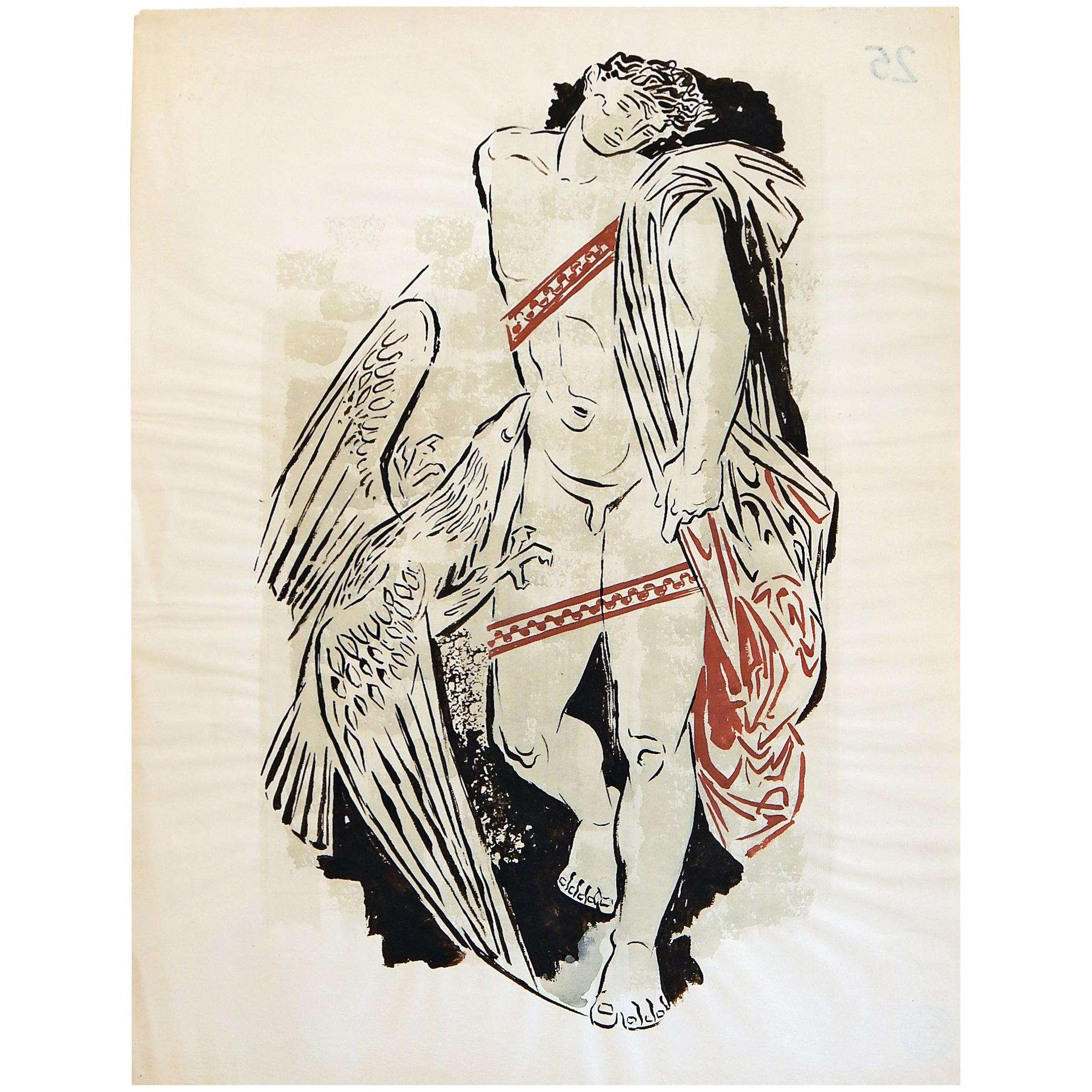 "Prometheus & Eagle", Midcentury Painting by German Expressionist Illustrator For Sale