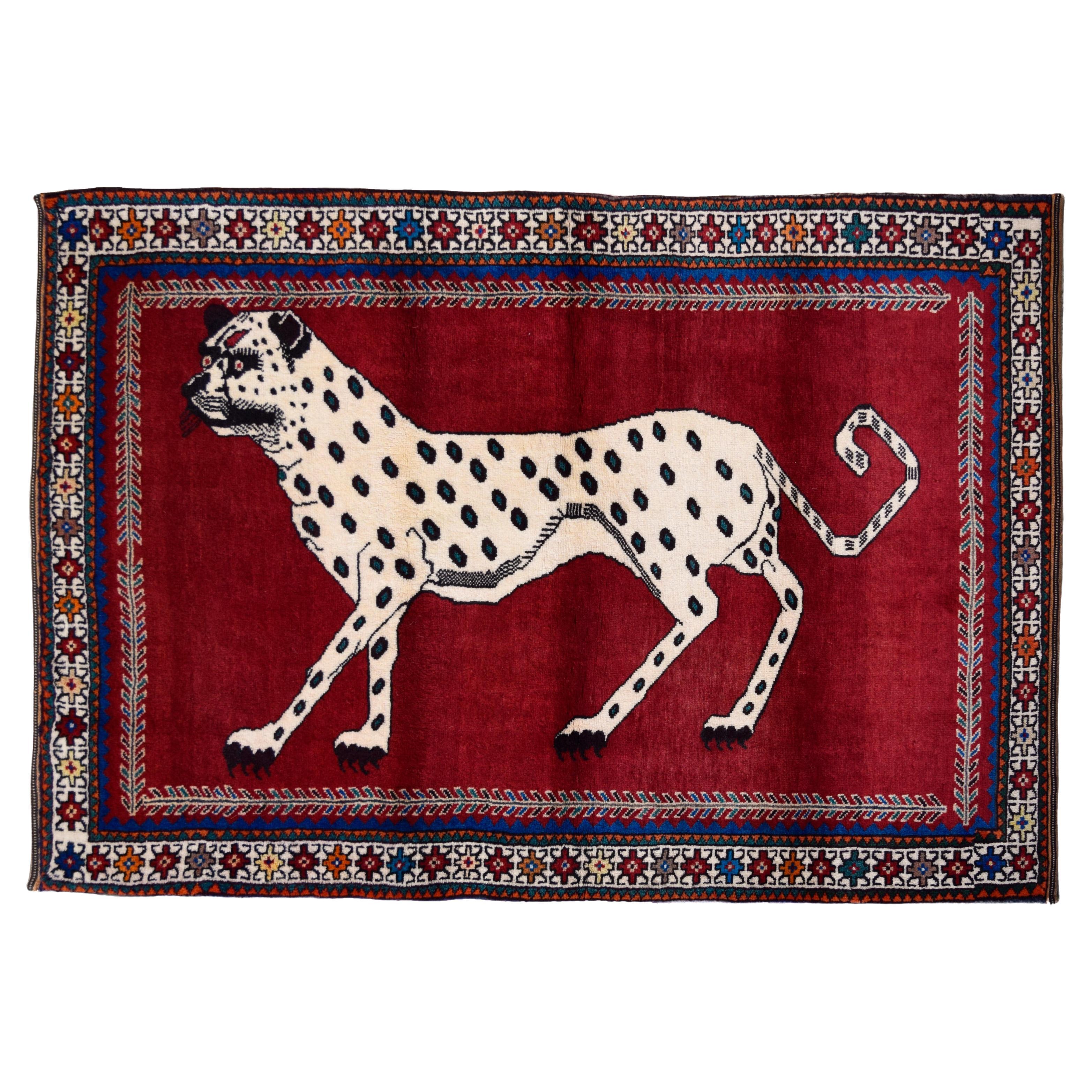 Wool, Hand-knotted Persian Qashqai Leopard Rug, Red, Brown, Cream, 4' x 6' For Sale