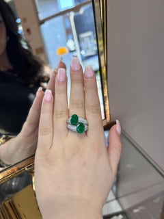 Emerald 18k White Gold Toi Et Moi Oval Pavé Statement Dome Bombé Style Ring
