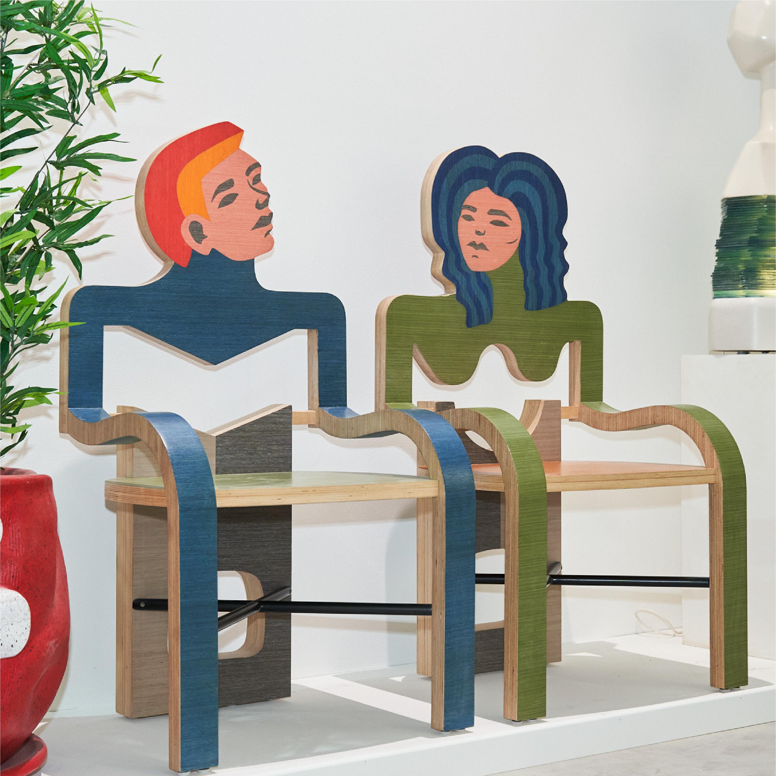 Wood and multicolor veneer
Dimensions: 57Wx49Dx113H cm

The “Promise” chairs were created with the thought of ‘ever after’. crafted to remain together they interrupt the modern hopelessness of romance and suggest instead an almost fairytale moment