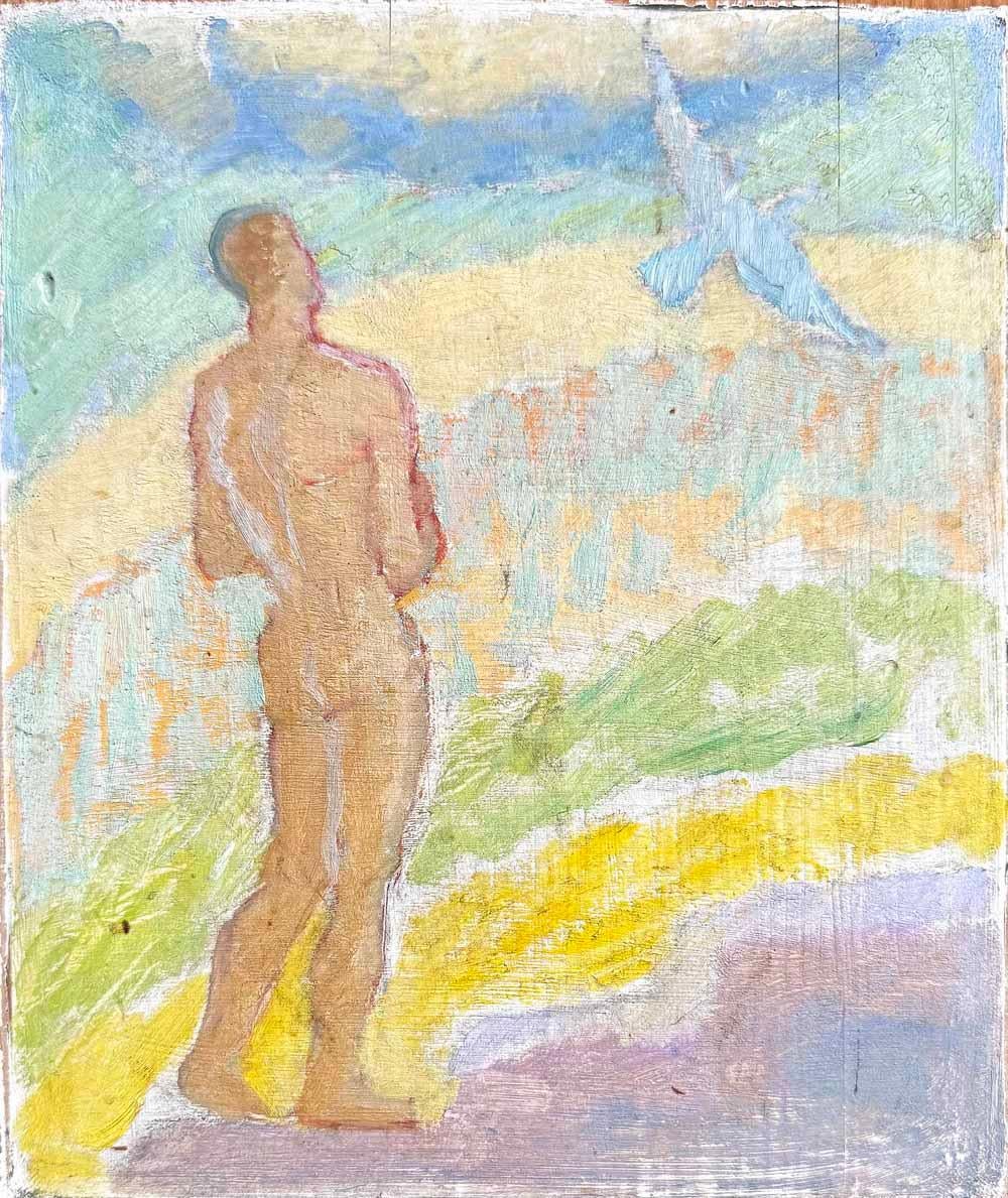 Dipinto da Jocke Åkerblom con una bella tavolozza colorata e ricco di speranza e simbolismo, questo quadro raffigura una figura maschile nuda in piedi che guarda in lontananza, il cielo avvolto da un ampio arcobaleno e una colomba in alto con le ali