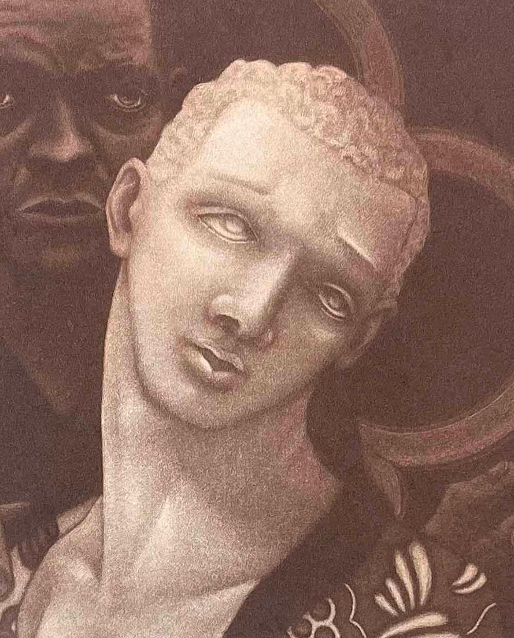 Printed in a lovely shade of ruddy brown, this mysterious print depicts a young Black male figure in the foreground, with an older African American man behind him and holding him by the shoulders.  The young man seems to be wearing a Japanese robe,