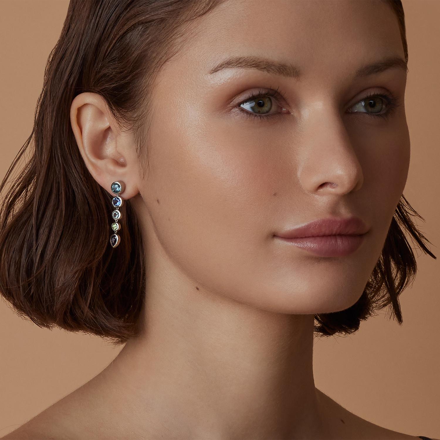 Round Cut Promise of Spring Earrings, Montana & Ceylon Sapphires, Garnets, 14kt White Gold For Sale