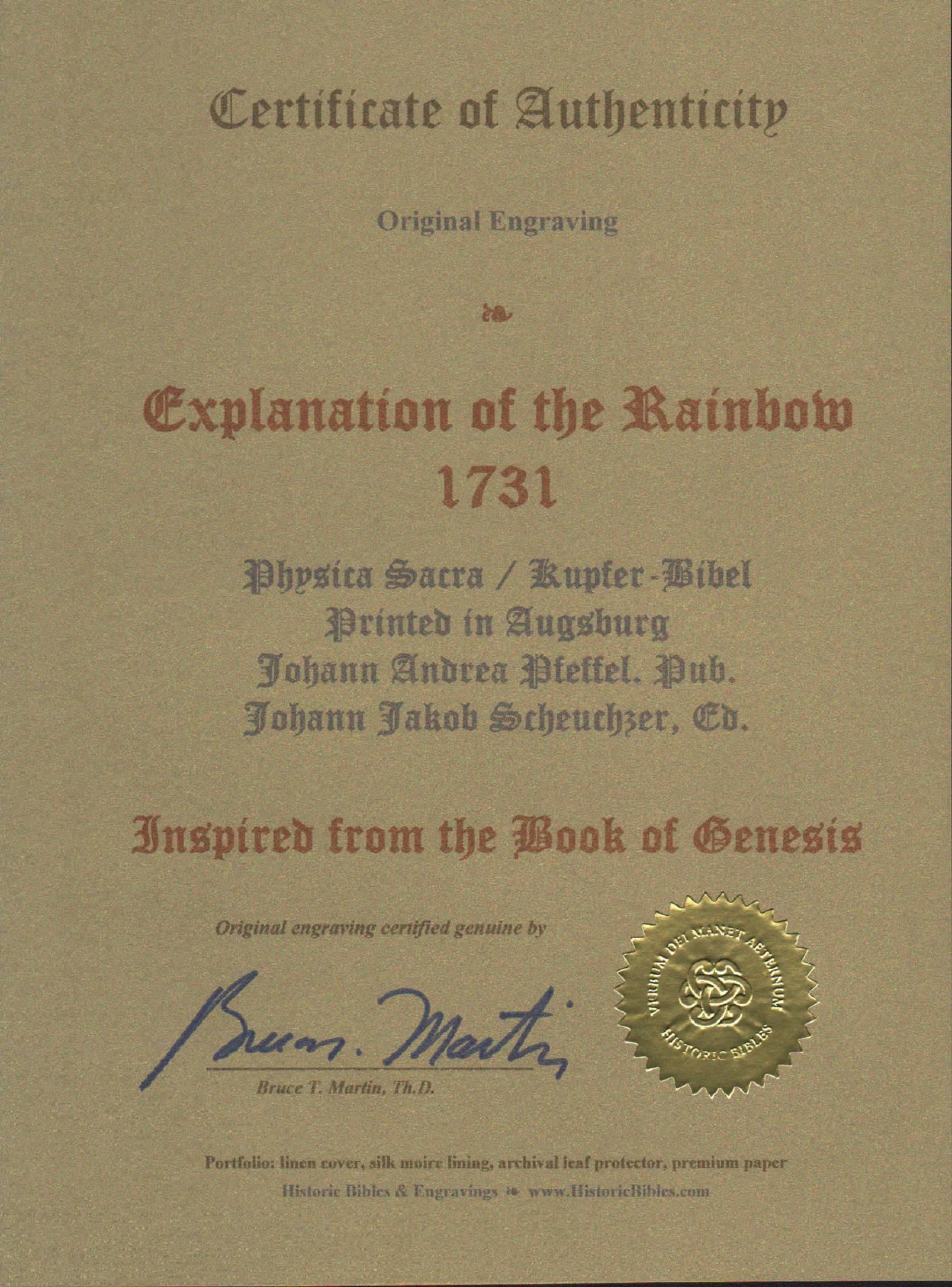 Promise of the Rainbow and Explanation, Johann Scheuchzer Physica Sacra For Sale 2