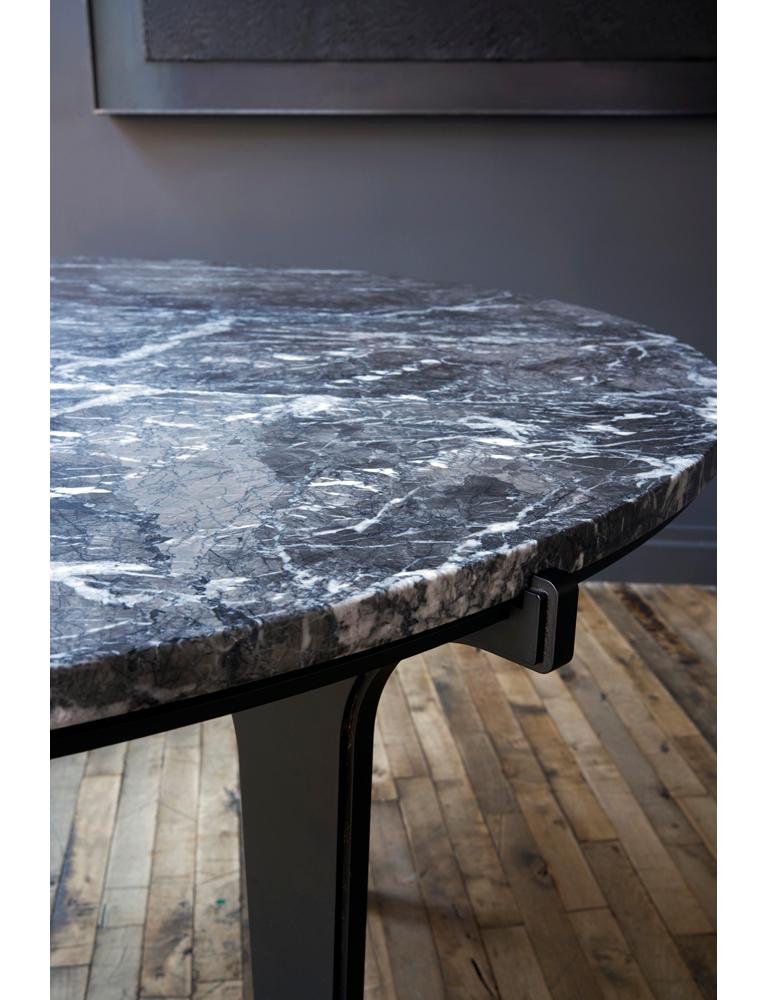 Contemporary Prong Dining Table in Blackened Steel Base with Marble Top by Gabriel Scott