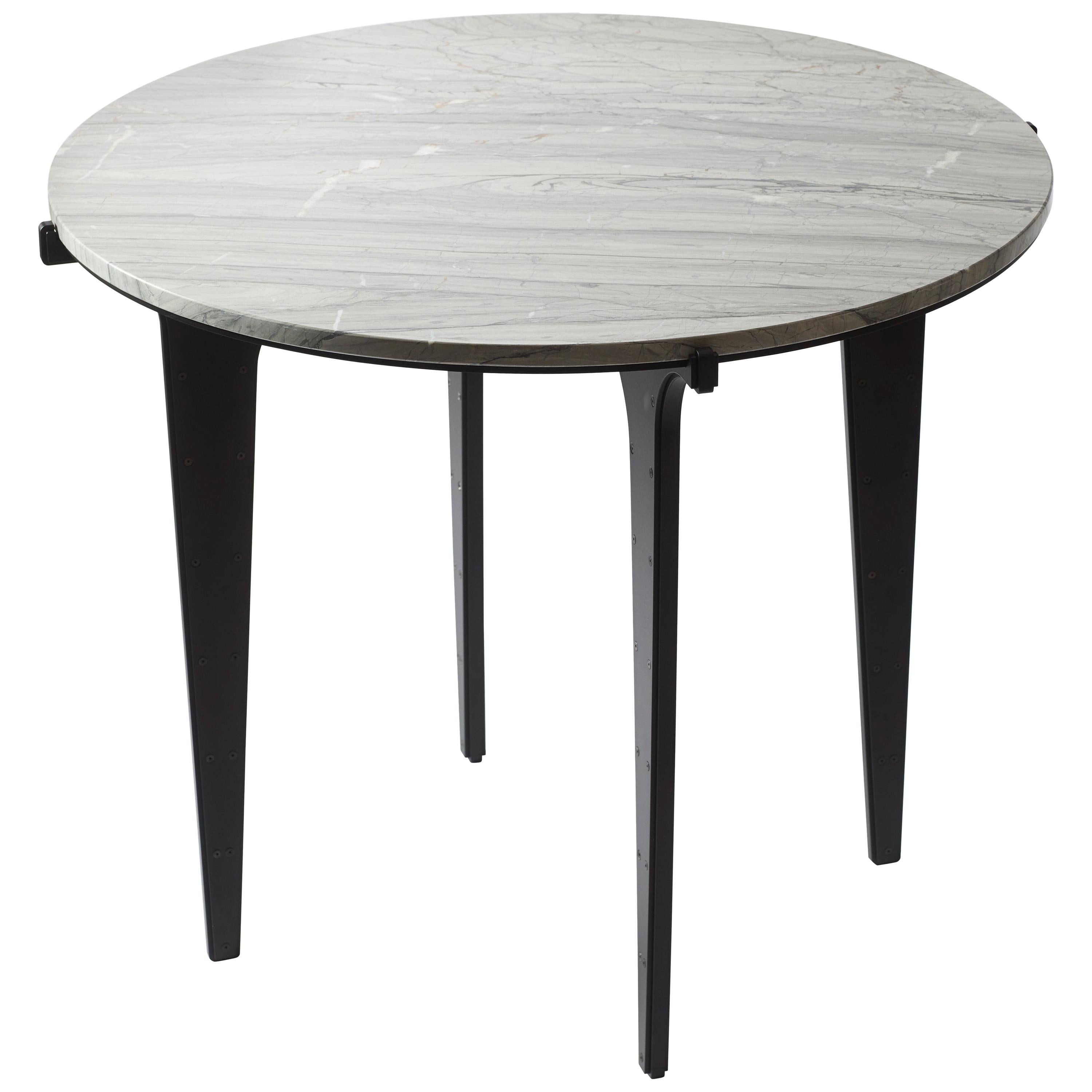 White (Carrara - White Stone) Prong Dining Table in Blackened Steel Base with Marble Top by Gabriel Scott