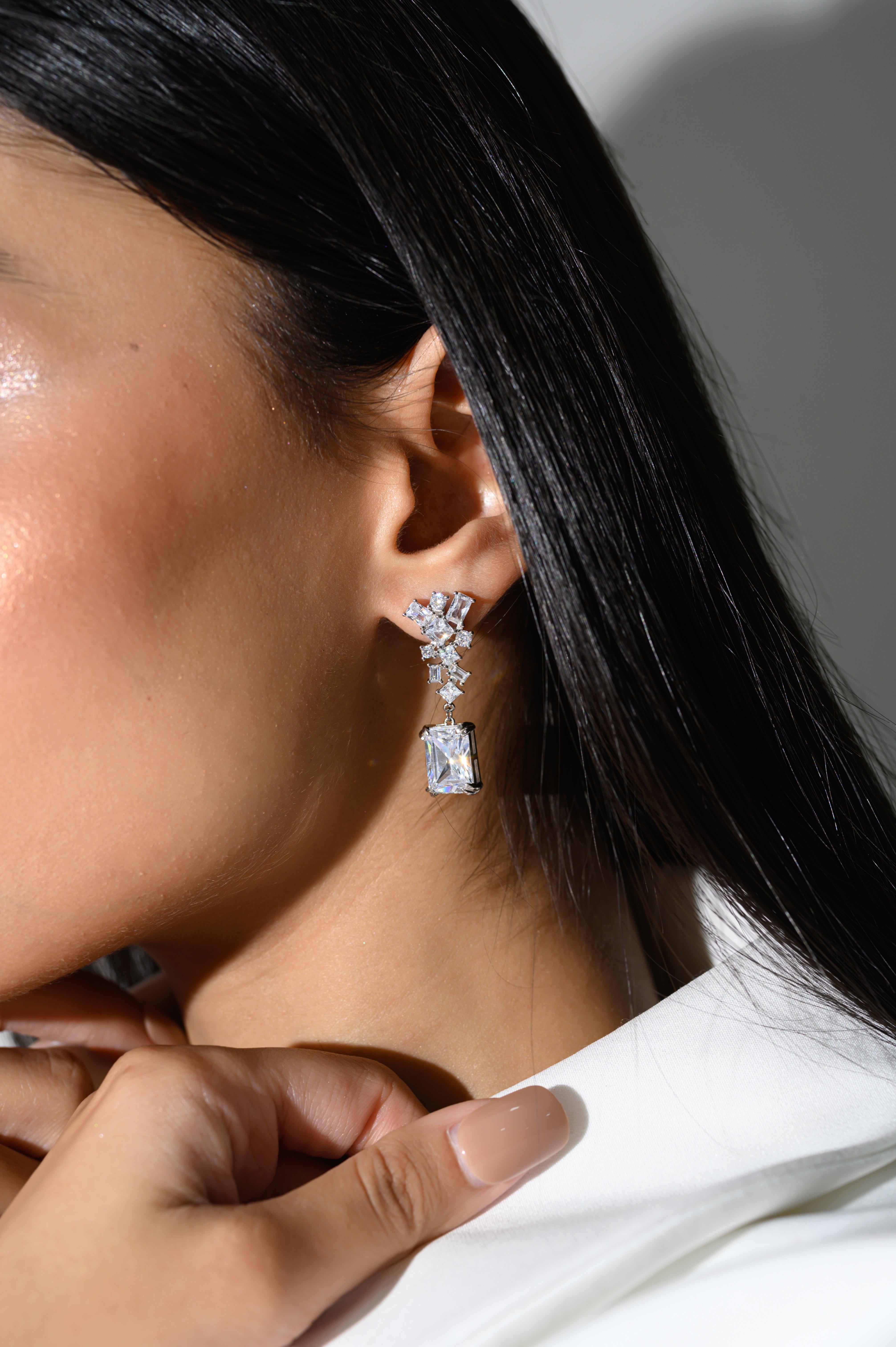 Prong Mixed Cut Cubic Zirconia Drop Earrings for Wedding Gift in Silver Jewelry For Sale 3
