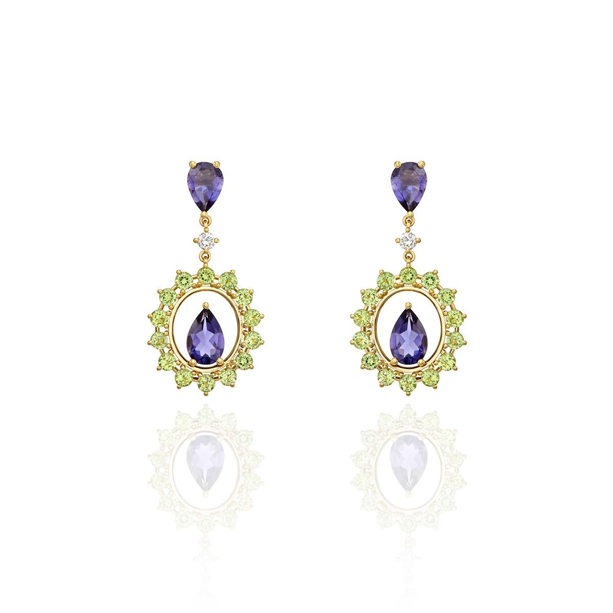 Retro Prong Oval Shape Dangle Earrings in 18kt Gold with Iolite Peridot and Diamonds For Sale