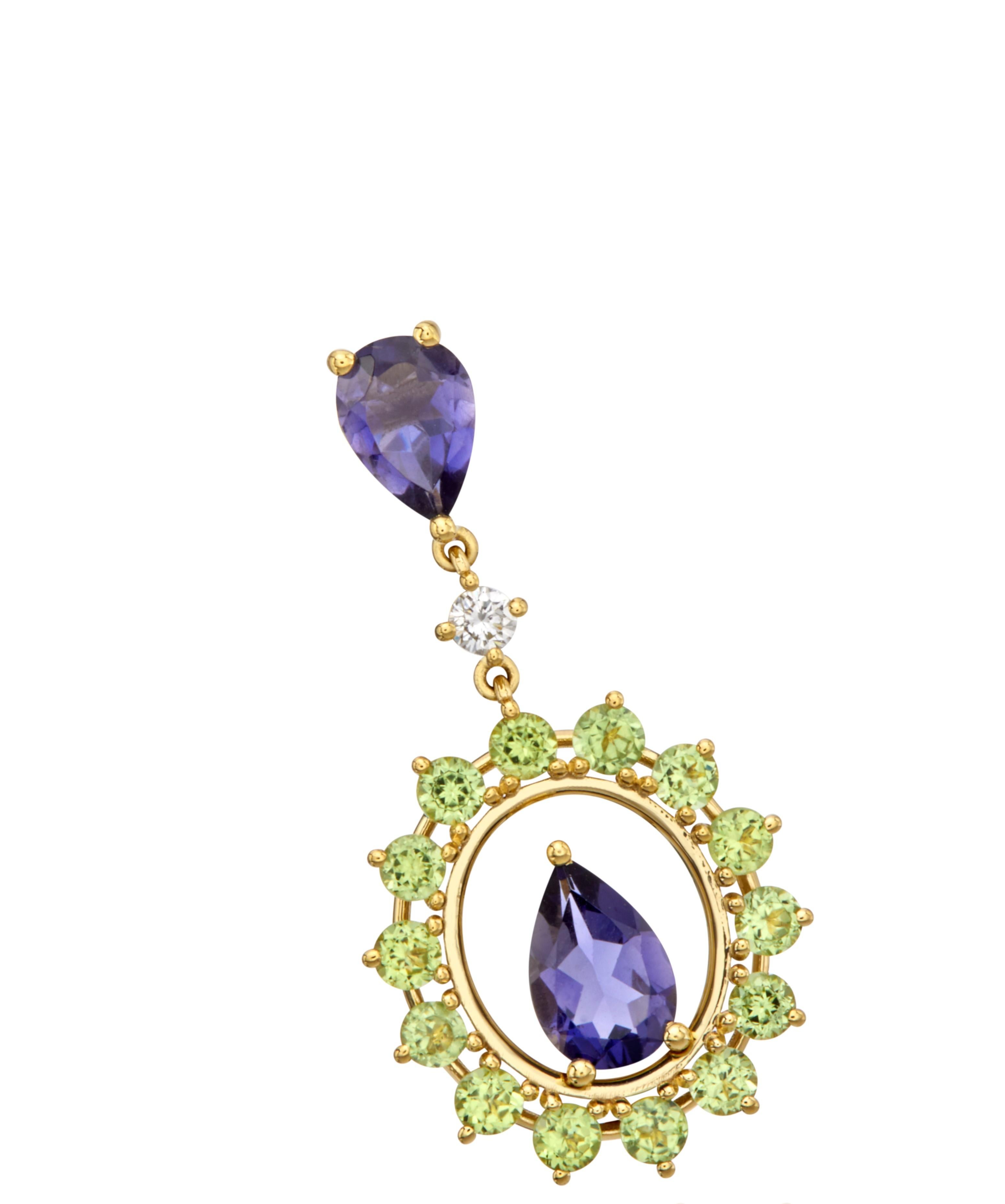 Prong Oval Shape Dangle Earrings in 18kt Gold with Iolite Peridot and Diamonds In New Condition For Sale In Athens, GR