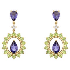 Prong Oval Shape Dangle Earrings in 18kt Gold with Iolite Peridot and Diamonds