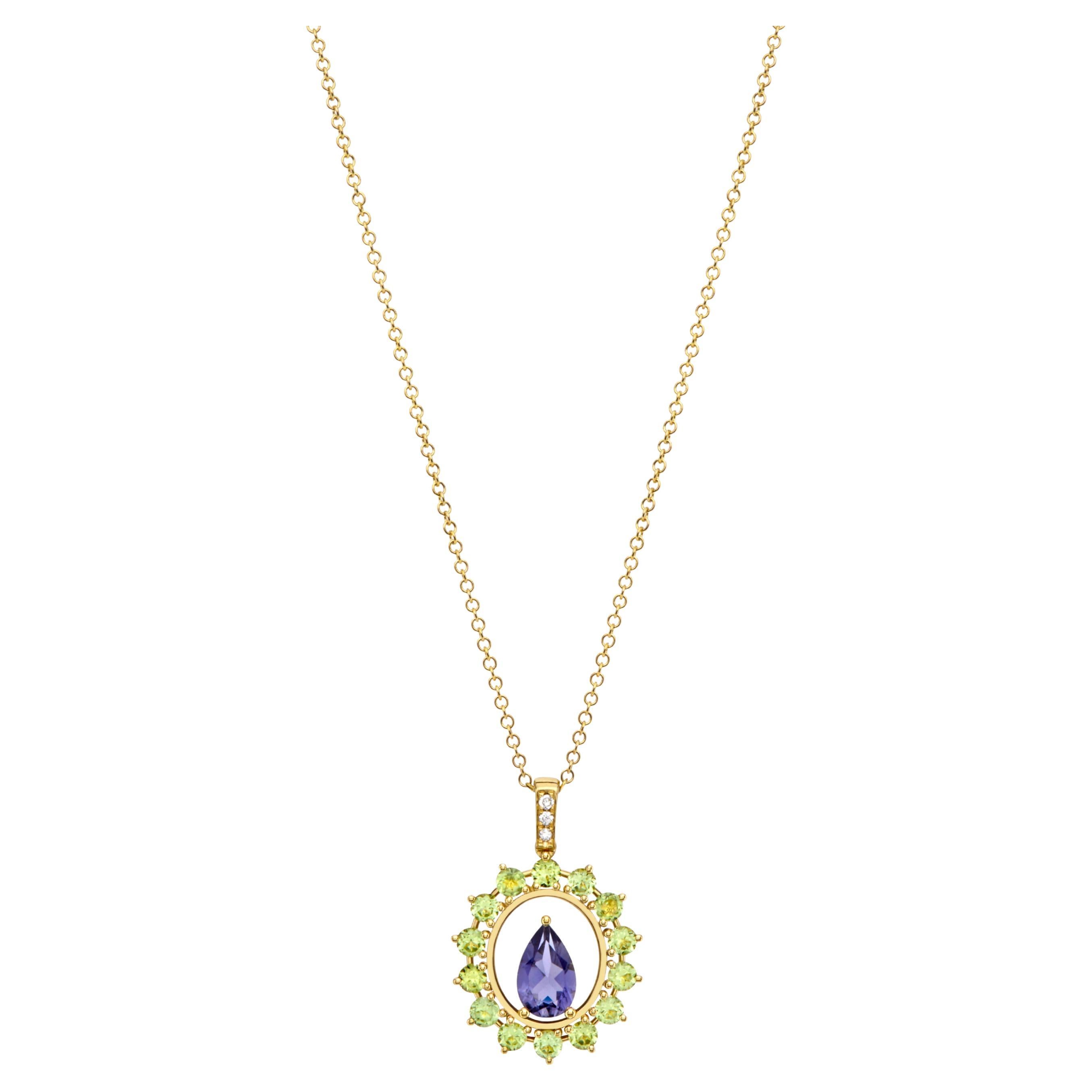 Prong Oval Shape Pendant Necklace 18Kt Yellow Gold with Peridot Iolite Diamond