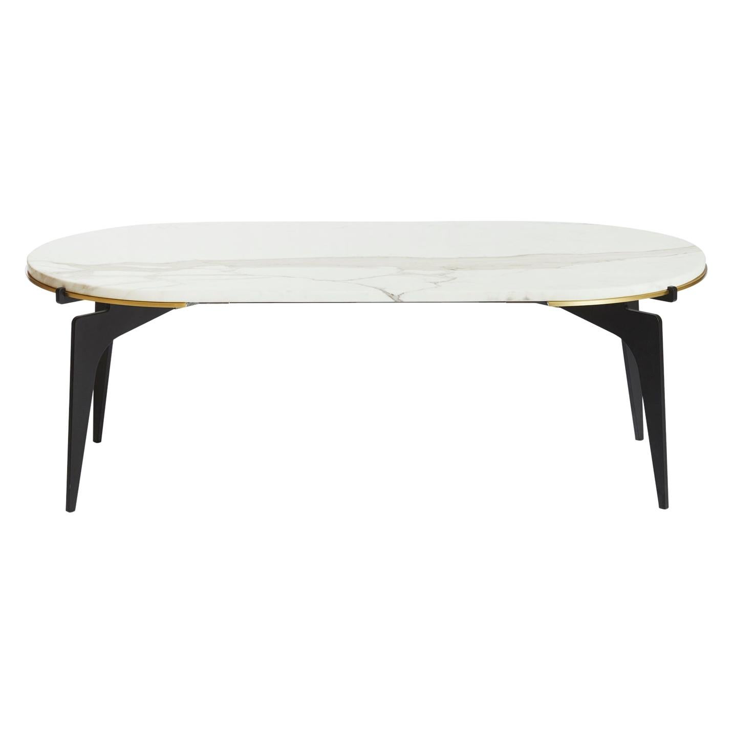 White (Carrara - White Stone) Prong Racetrack Coffee Table in Black Base with Marble Top by Gabriel Scott