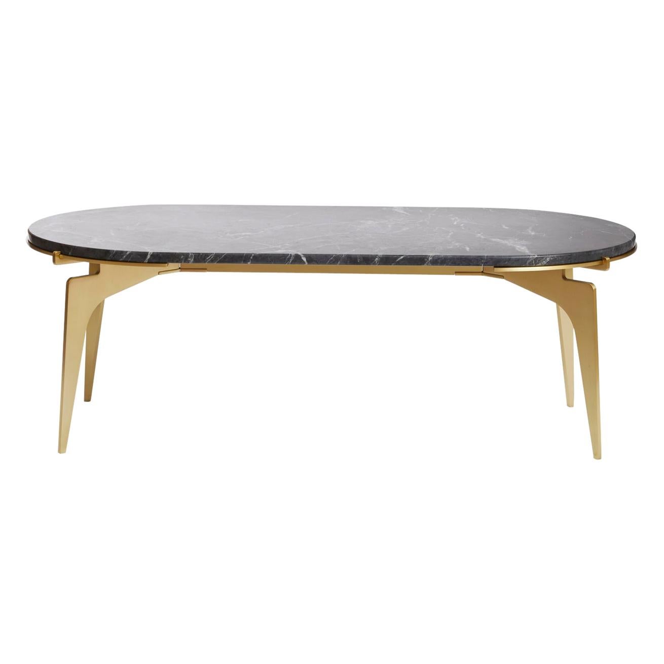 Black (Grigio Carnico - Black Stone) Prong Racetrack Coffee Table in Brass Base with Marble Top by Gabriel Scott