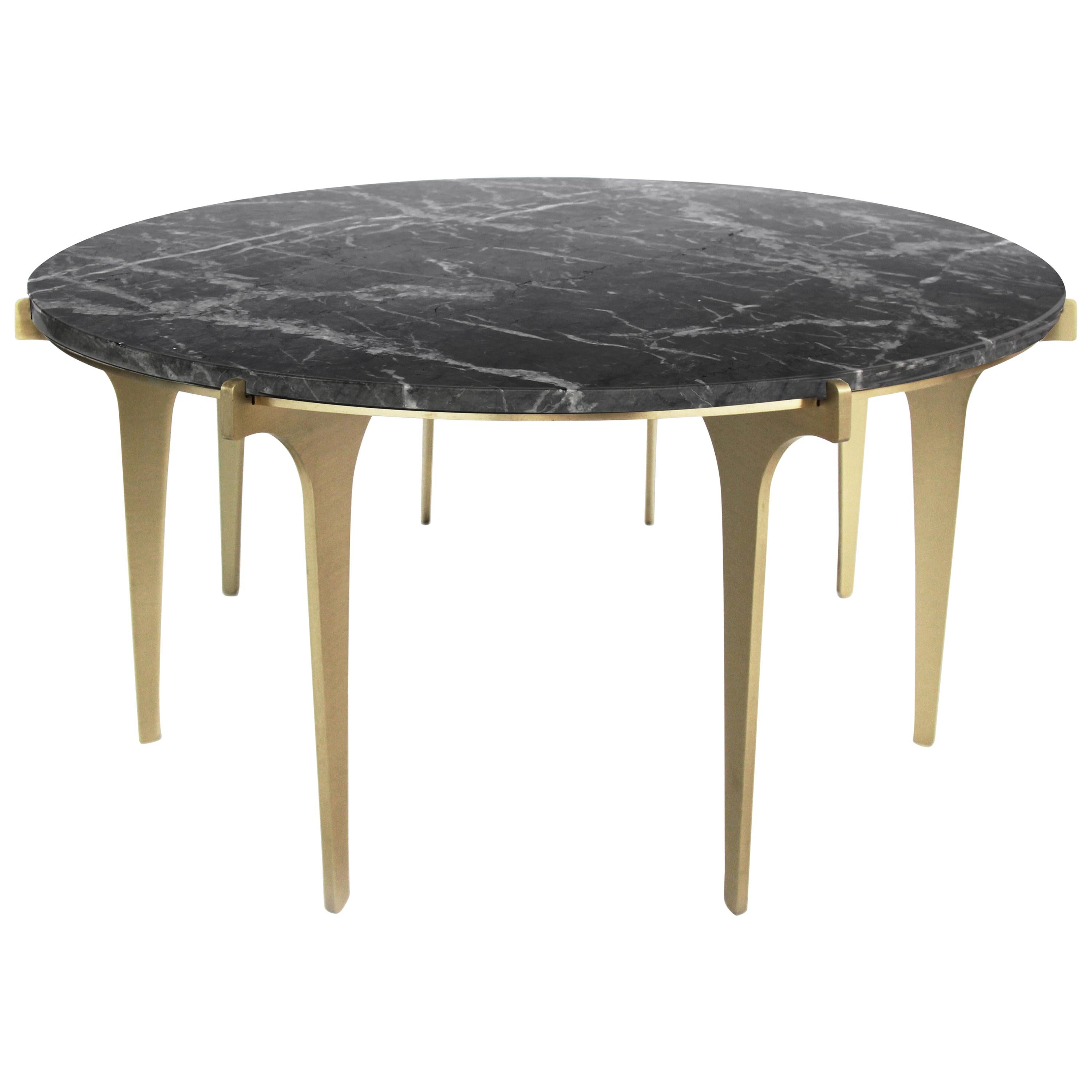 Black (Grigio Carnico - Black Stone) Prong Round Coffee Table in Satin Brass Base with Marble Top by Gabriel Scott