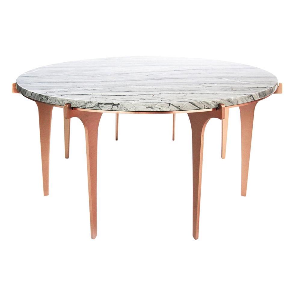 Silver (Onda D'Argento - Silver) Prong Round Coffee Table in Satin Copper Base with Marble Top by Gabriel Scott