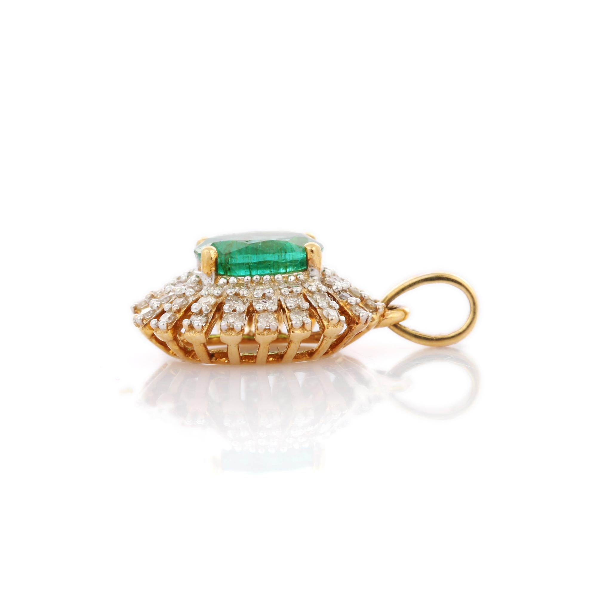 Natural Emerald pendant in 14K Gold. It has a oval cut emerald studded with diamonds that completes your look with a decent touch. Pendants are used to wear or gifted to represent love and promises. It's an attractive jewelry piece that goes with