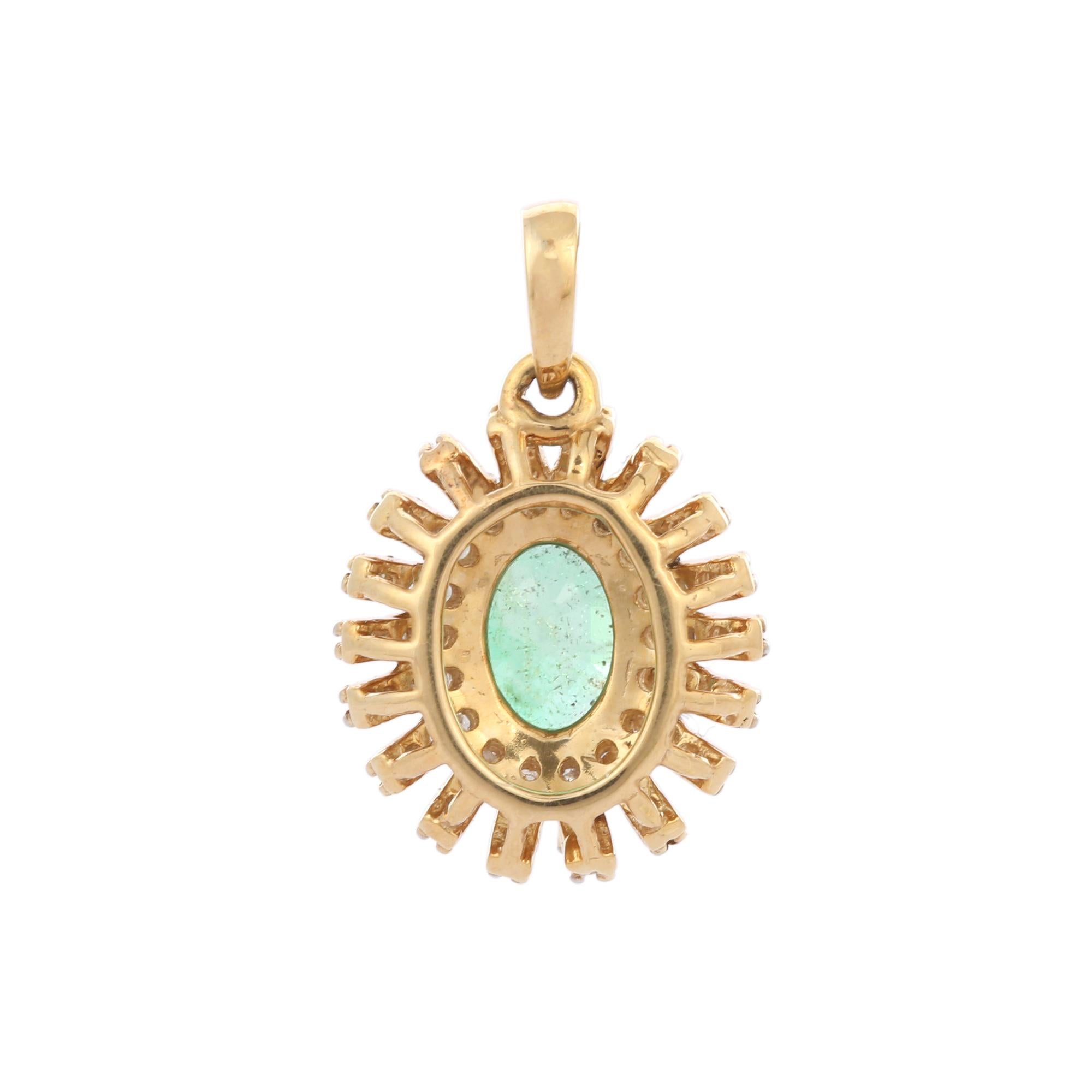 Art Deco Prong Set 1.66 Carat Emerald Pendant with Diamonds in 14K Yellow Gold For Sale