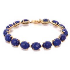 43 Ct Oval Cut Lapis Lazuli Prong Set Tennis Bracelet in 14K Solid Yellow Gold