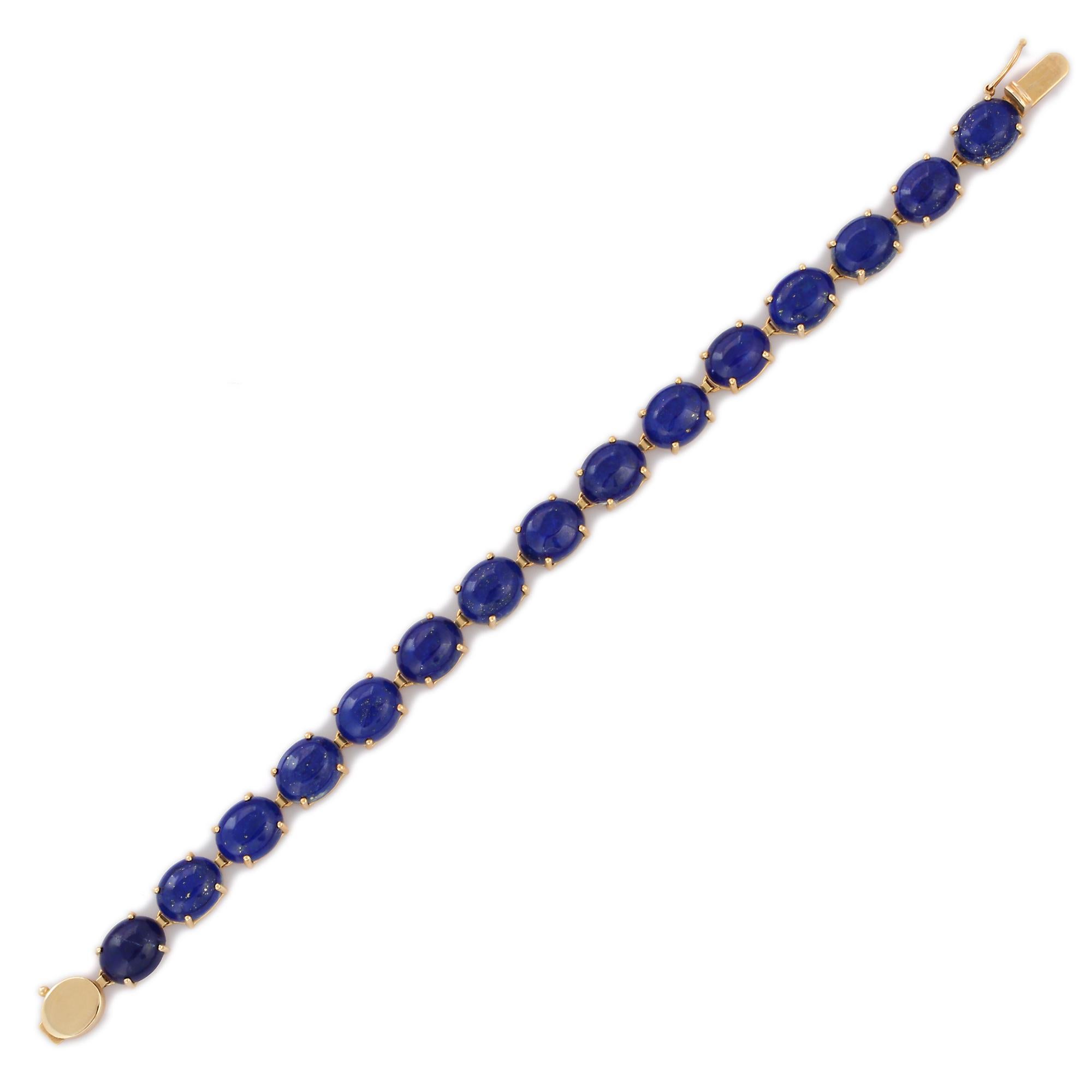 Moderne Bracelet tennis en or jaune massif 14 carats serti de lapis-lazuli de taille ovale 43 carats en vente