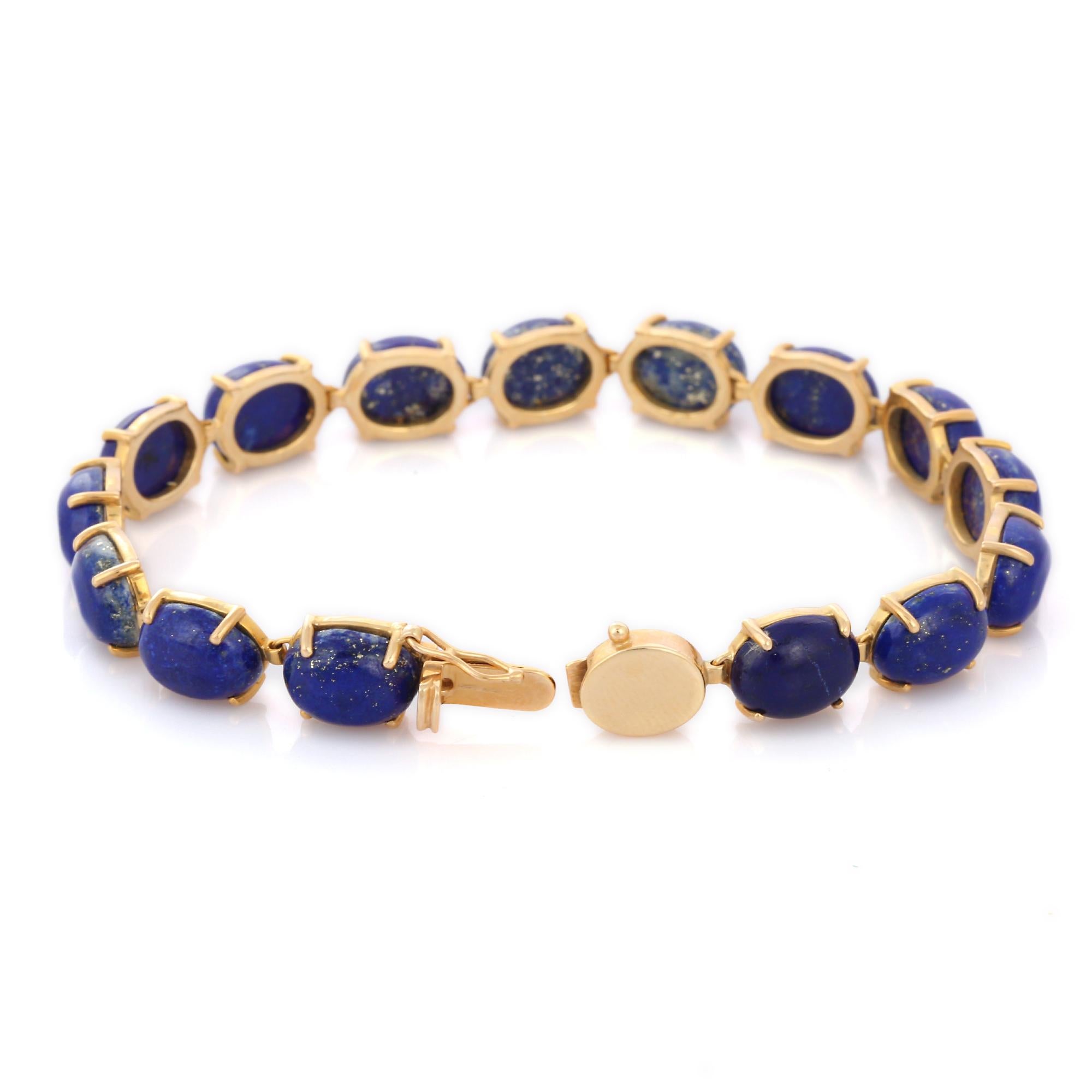 Modern 43 Ct Oval Cut Lapis Lazuli Prong Set Tennis Bracelet in 14K Solid Yellow Gold For Sale