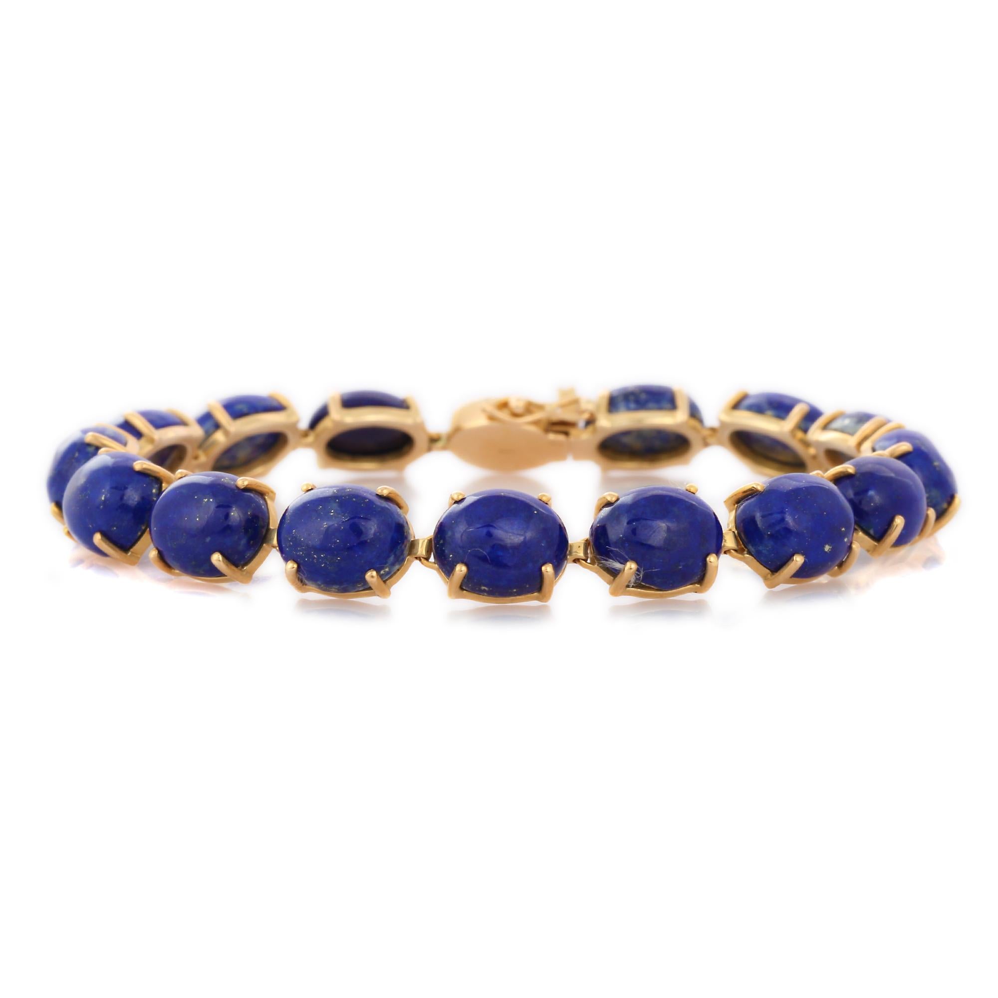 43 Ct Oval Cut Lapis Lazuli Prong Set Tennis Bracelet in 14K Solid Yellow Gold In New Condition For Sale In Houston, TX