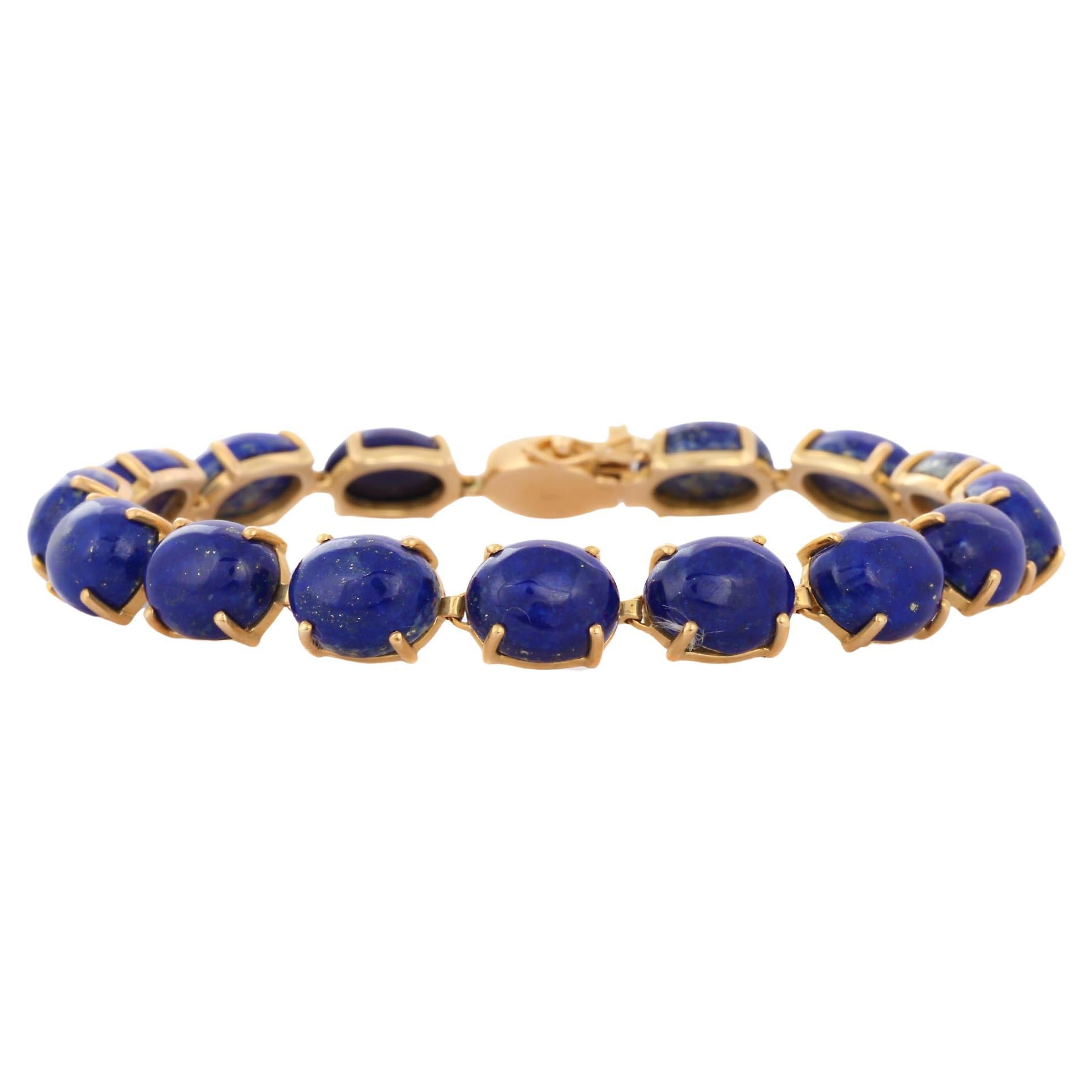 43 Karat Ovalschliff Lapislazuli-Tennisarmband mit Zacken aus 14 Karat massivem Gelbgold im Angebot