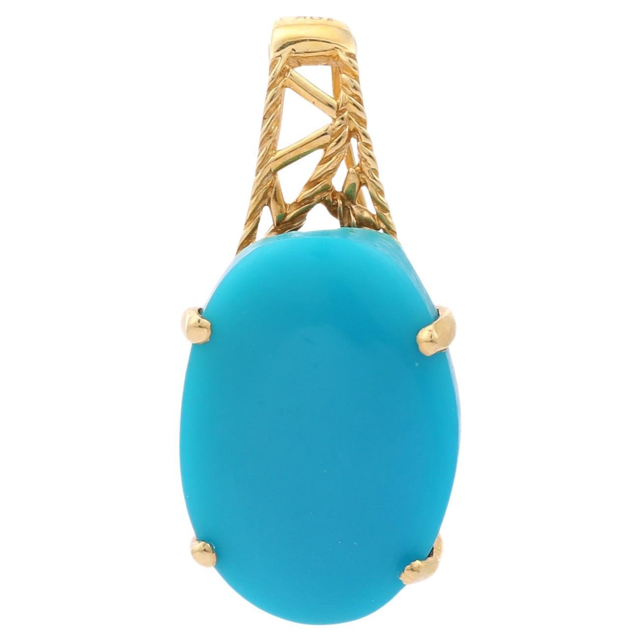 Turquoise pendant in 18K Gold. It has a oval cut gemstone that completes your look with a decent touch. Pendants are used to wear or gifted to represent love and promises. It's an attractive jewelry piece that goes with every basic outfit and