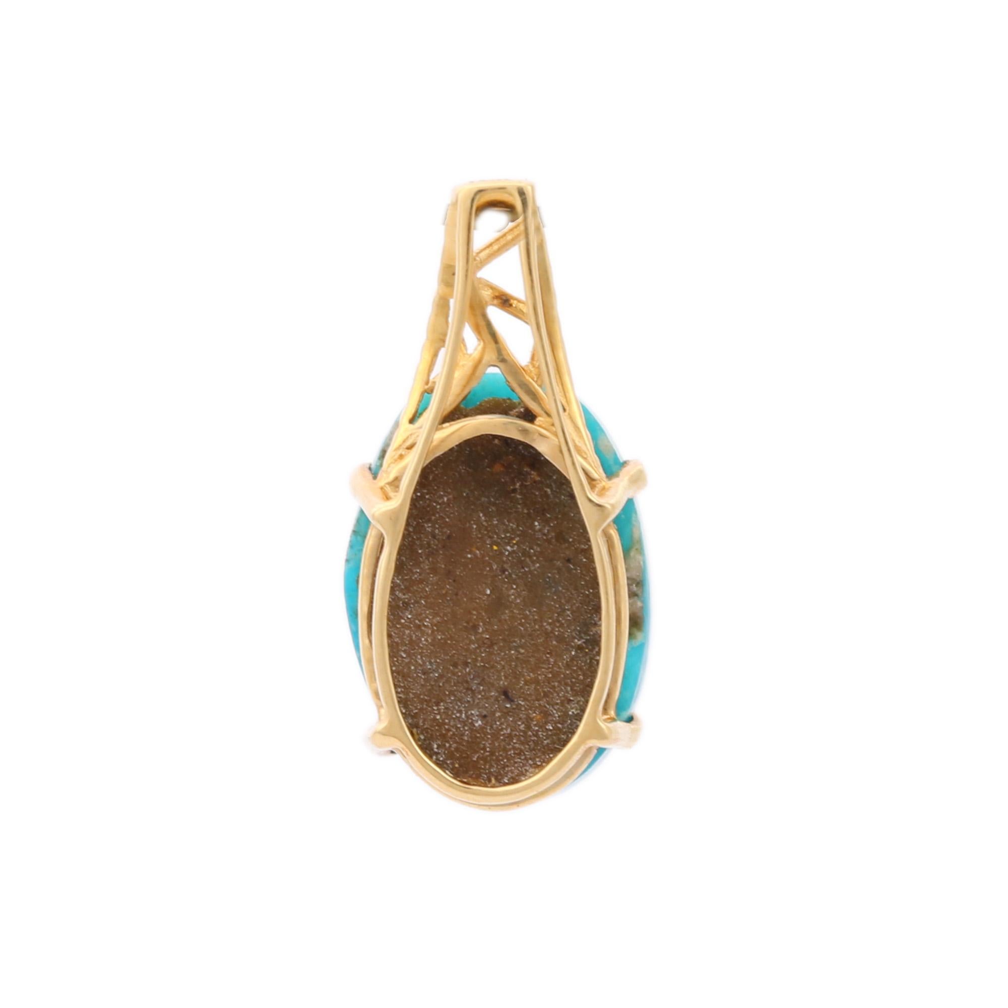 Oval Cut Prong Set 5.98 Carat Turquoise Pendant in 18K Yellow Gold For Sale