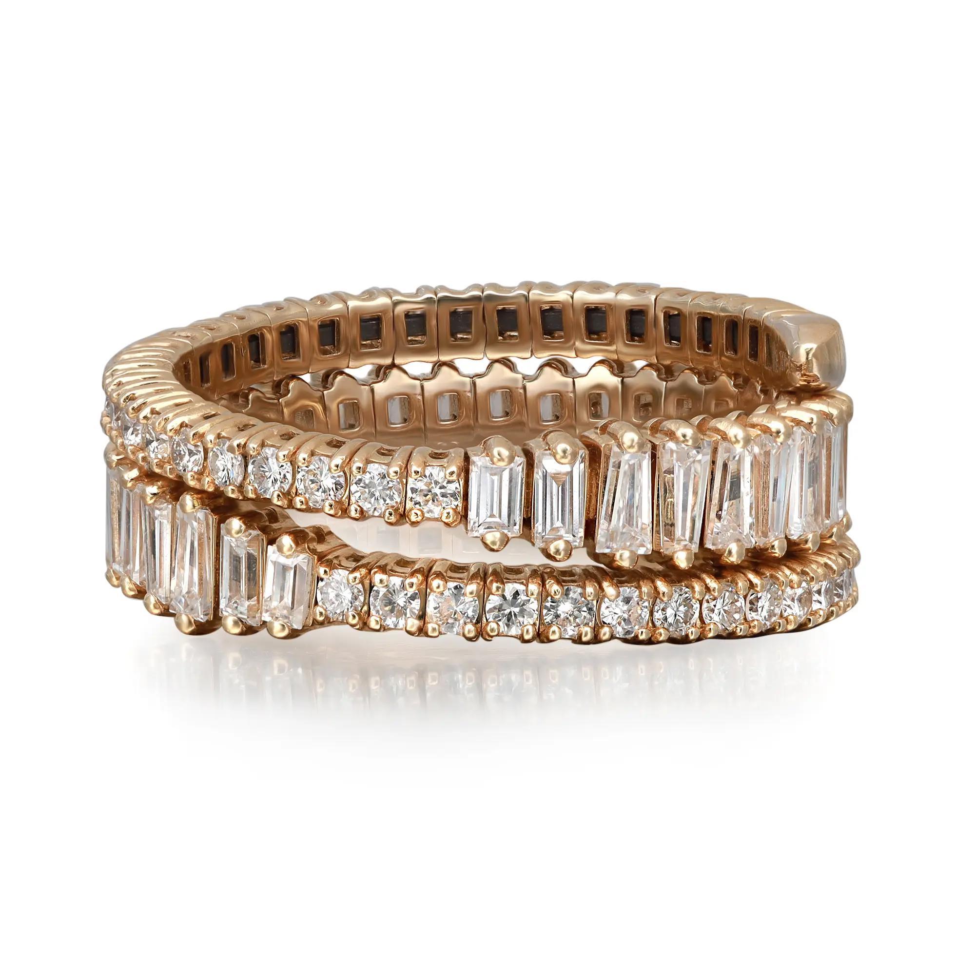 Taille baguette Bague à anneau spirale en or jaune 14 carats sertie de diamants taille baguette et ronde, taille 7 en vente