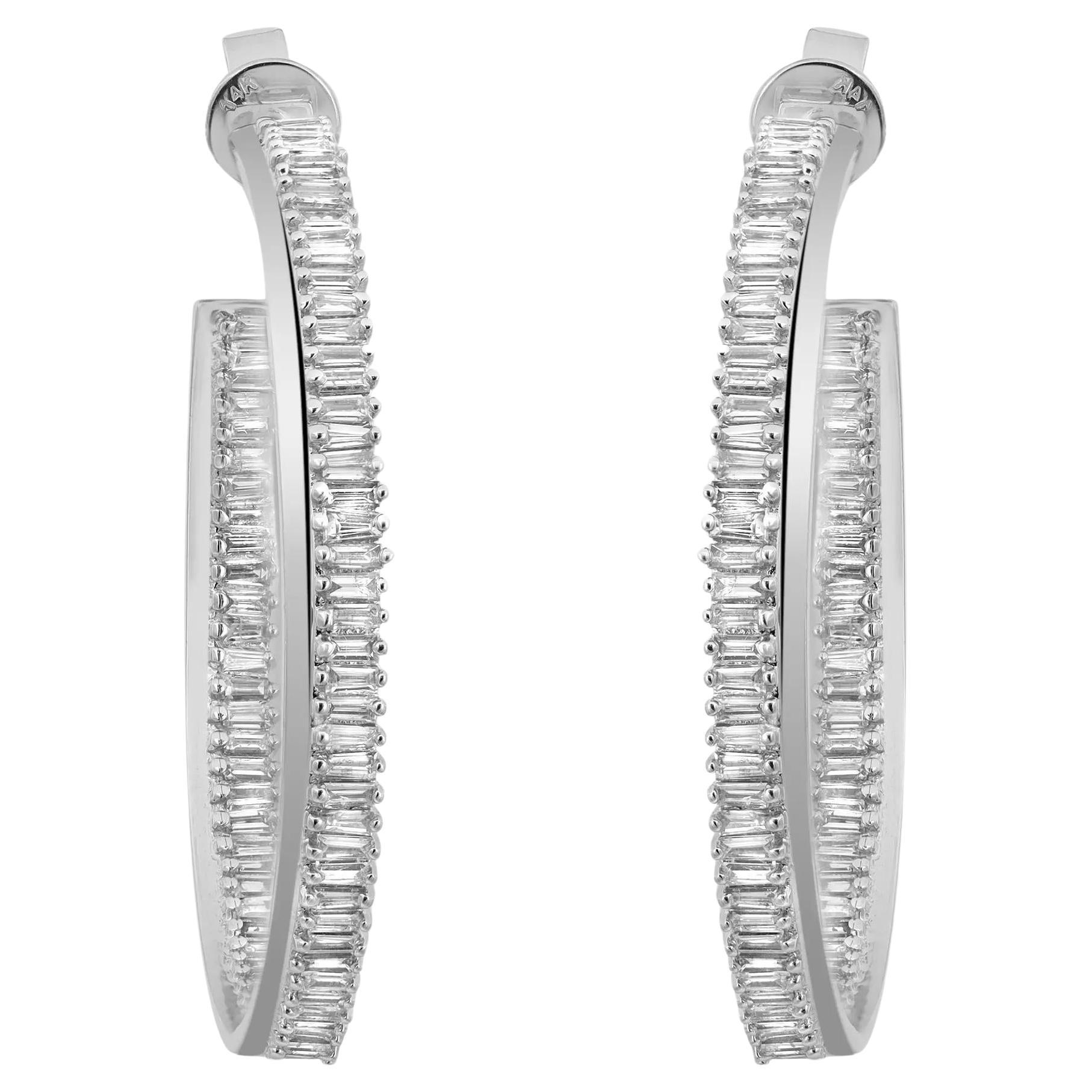 Prong Set Baguette Cut Diamond Hoop Earrings 18K White Gold 2.81Cttw