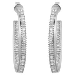Prong Set Baguette Cut Diamond Hoop Earrings 18K White Gold 2.81Cttw