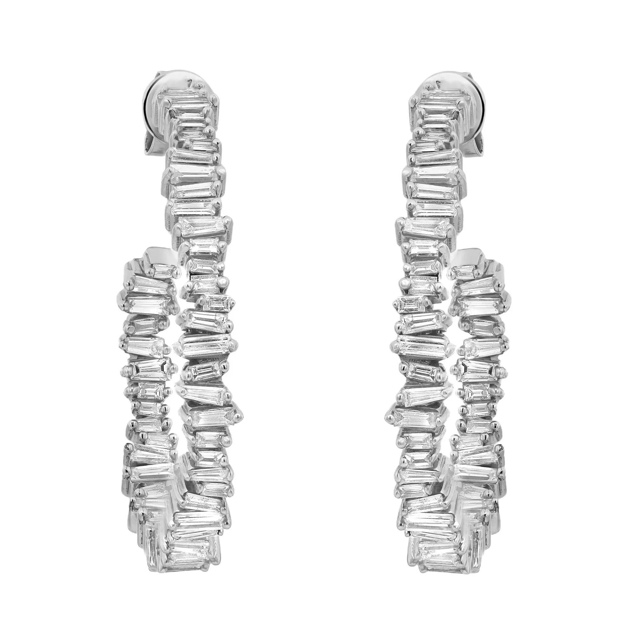 Prong Set Baguette Cut Diamond Inside Out Hoop Earrings 14K White Gold 2.87Cttw