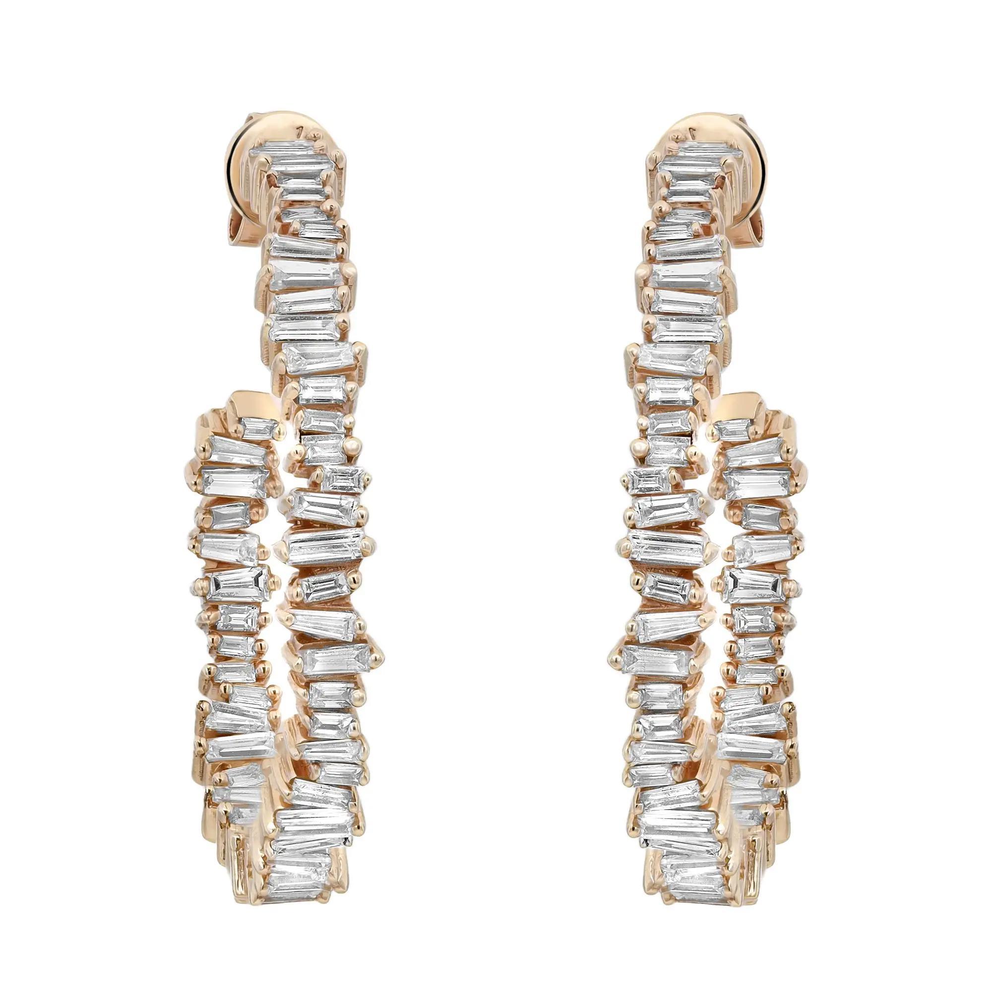 Prong Set Baguette Cut Diamond Inside Out Hoop Earrings 14K Yellow Gold 2.87Cttw