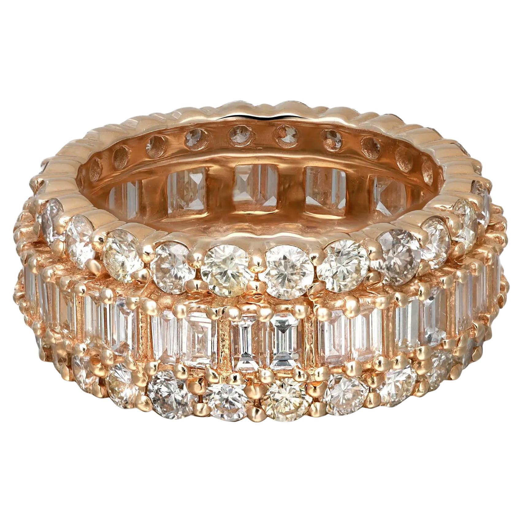 Prong Set Baguette & Rundschliff Diamant Band Ring 14K Gelbgold 3.67Cttw